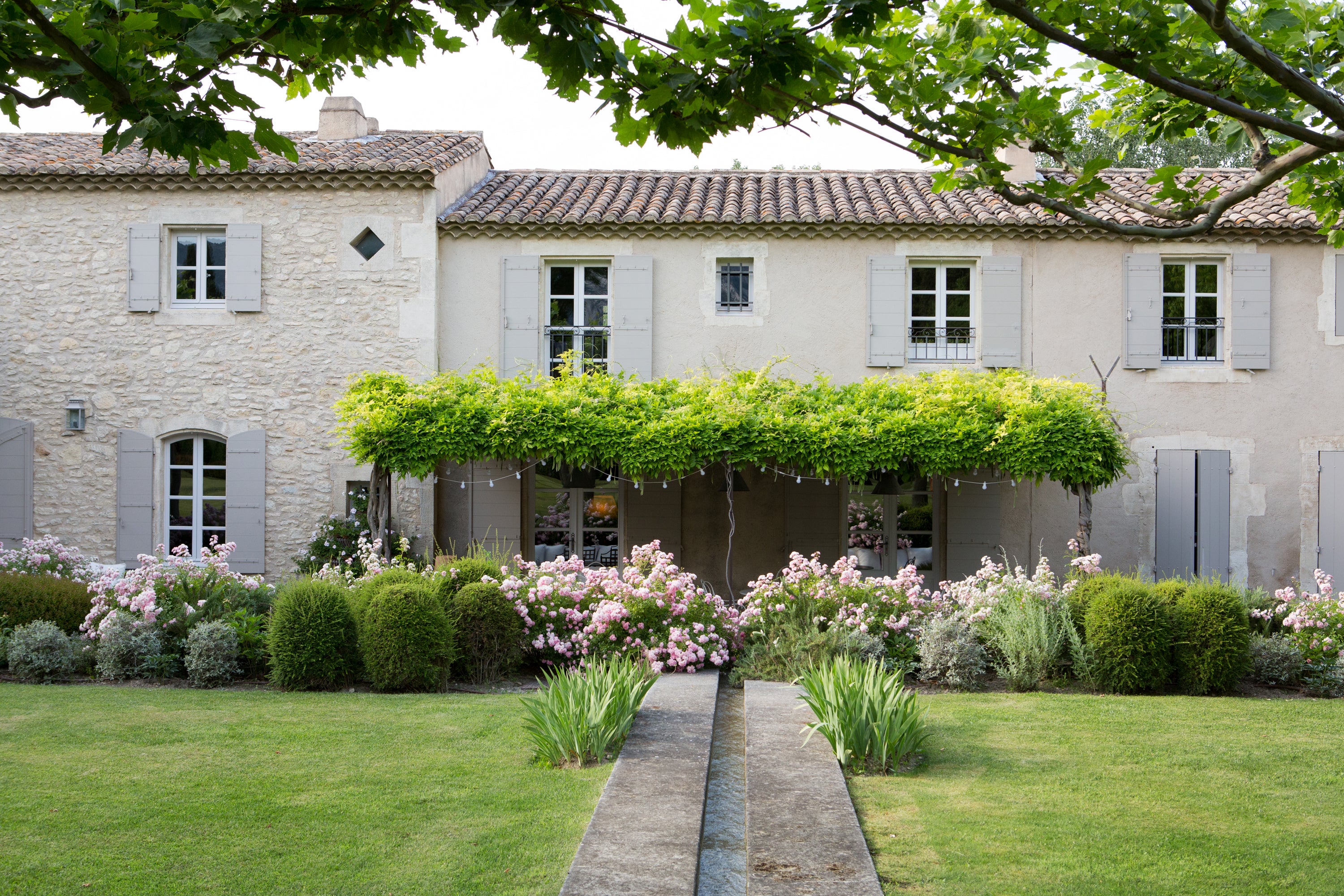French boutique hotel with a garden and trees — luxury property editorial photography by Carla Coulson