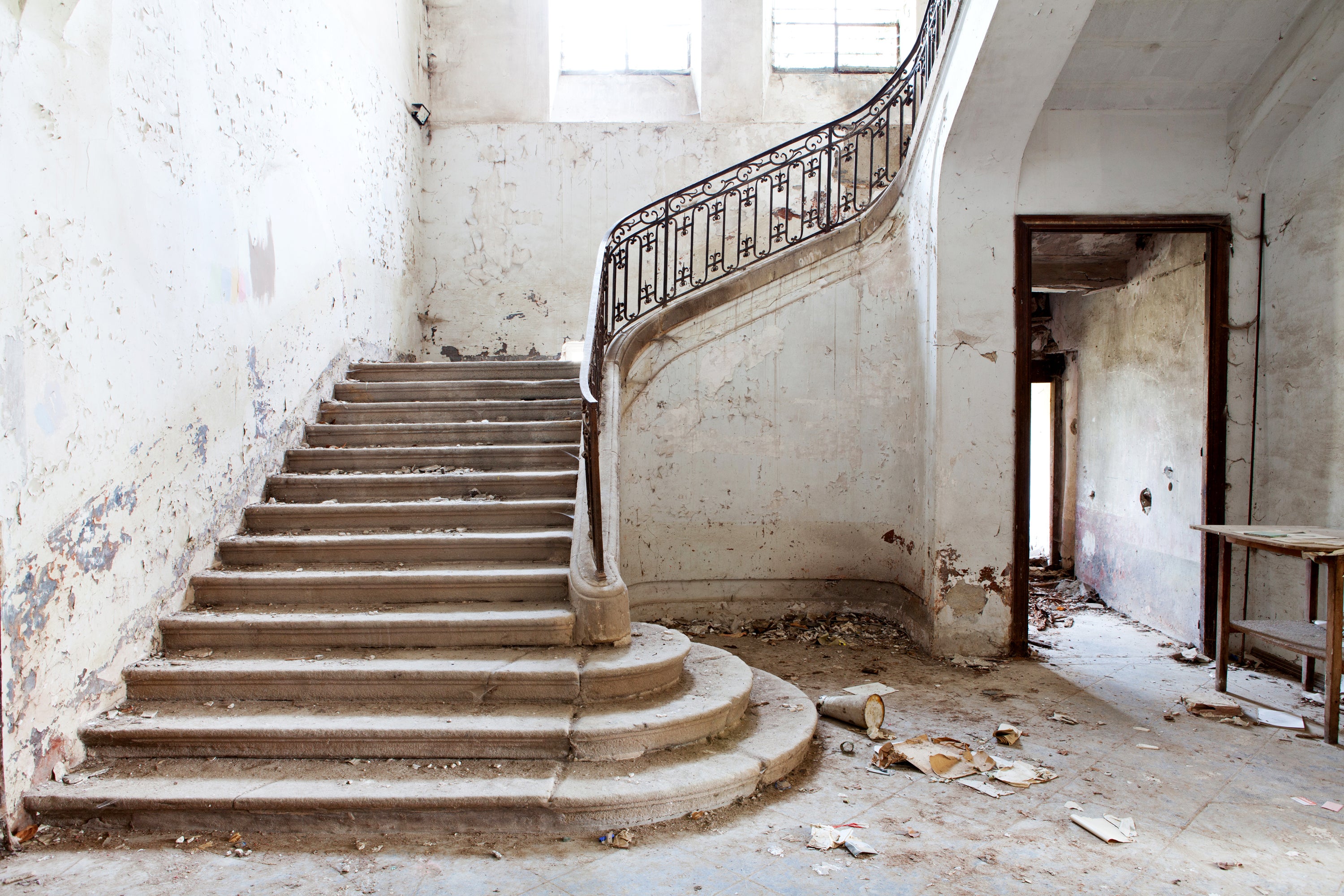 Elaborate staircase in old chateau in the French countryside — editorial photography by Carla Coulson