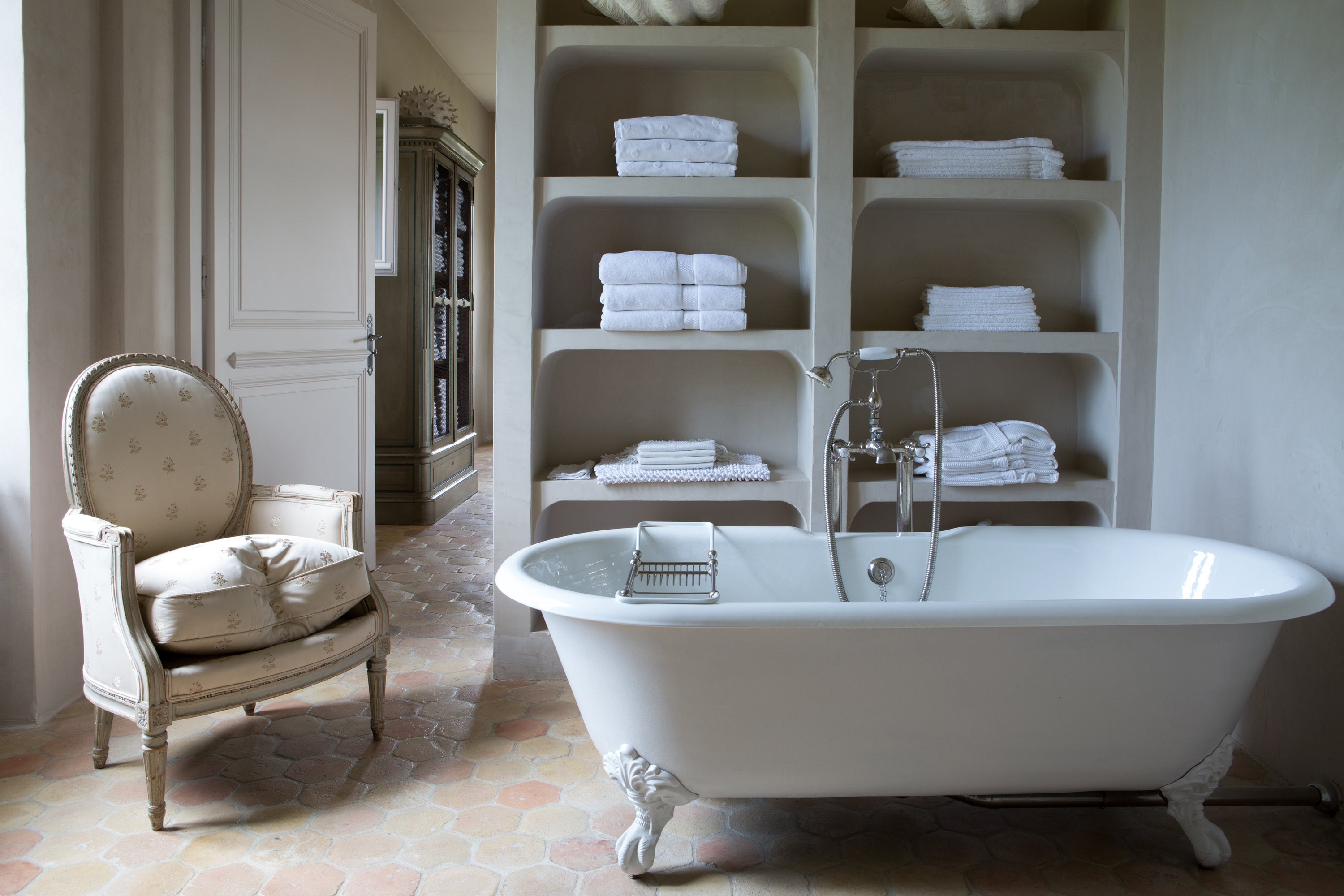 Luxury property detail, refined European bathroom styling — editorial photography by Carla Coulson
