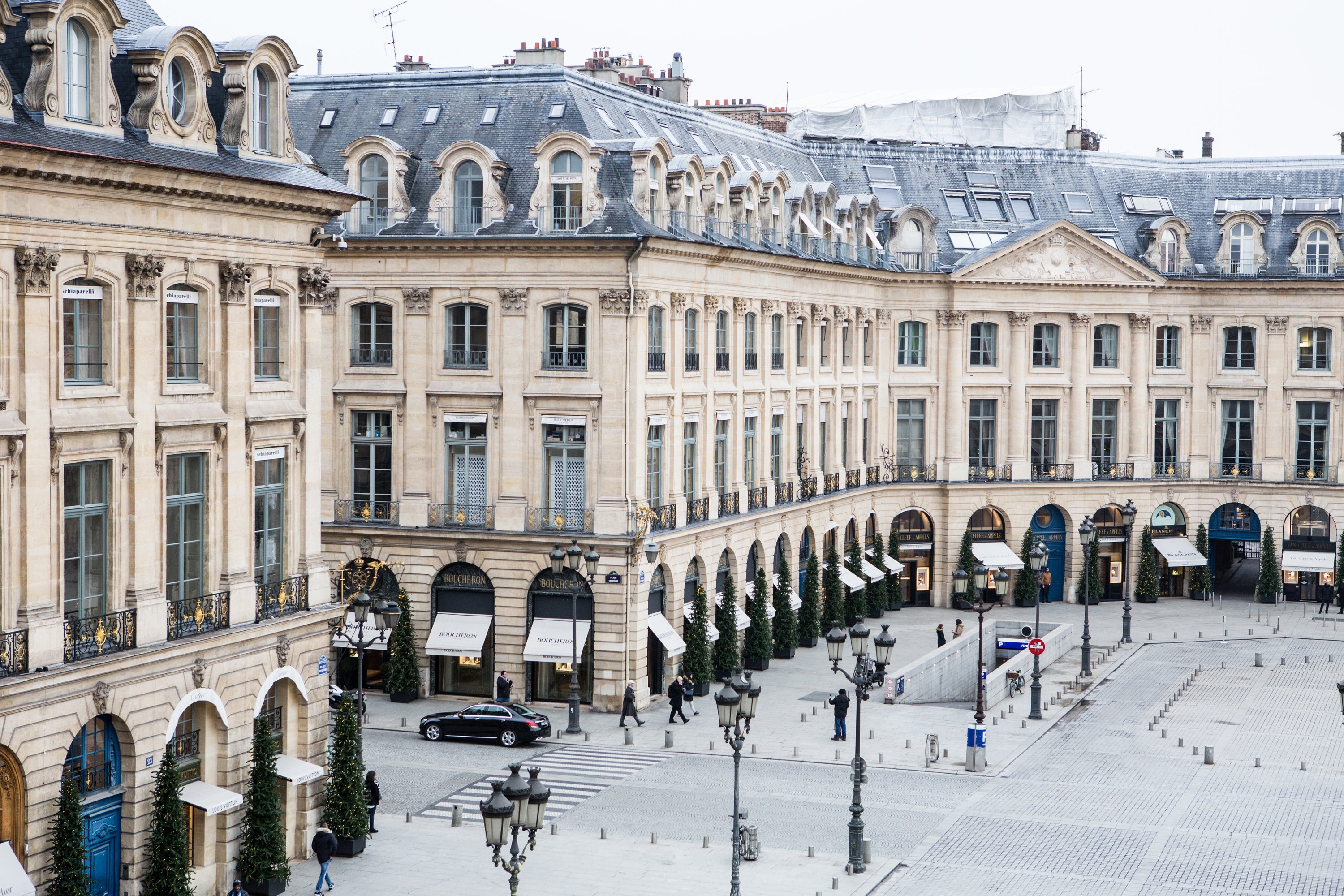 Ritz Paris exteriors common area, atmospheric lighting and grand facade — luxury property photography by Carla Coulson