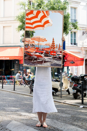 Arienzo Beach Orange Striped Heart - Carla Coulson Limited Edition Fine Art Print, beaches, travel photography, Italy, beach photography